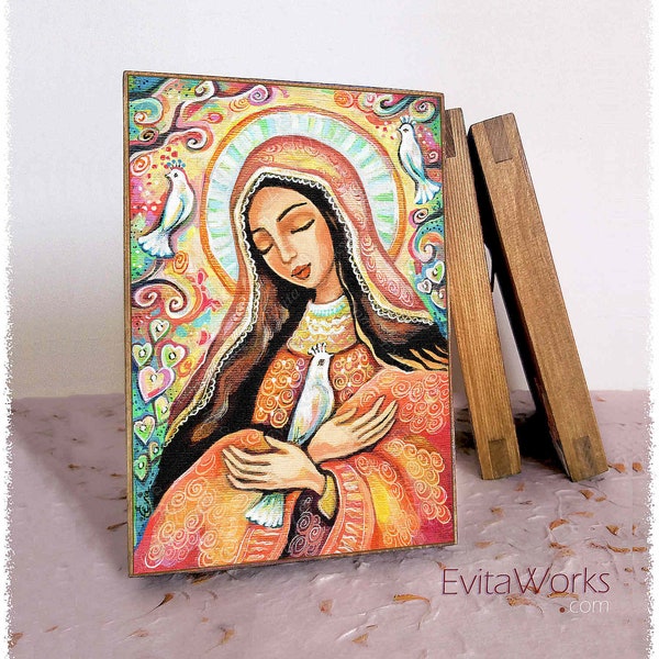 The Prayer of Blessed Mother Mary, print on natural wooden block icon, modern Christian art decor