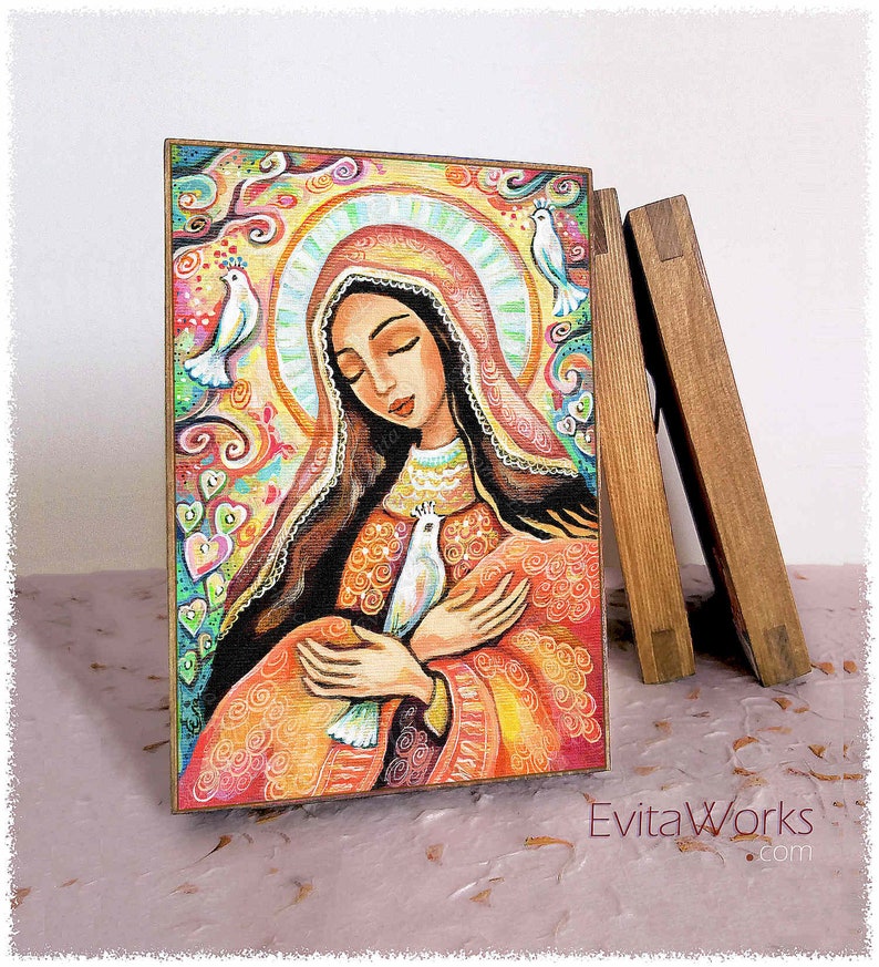 The Prayer of Blessed Mother Mary, print on natural wooden block icon, modern Christian art decor image 1
