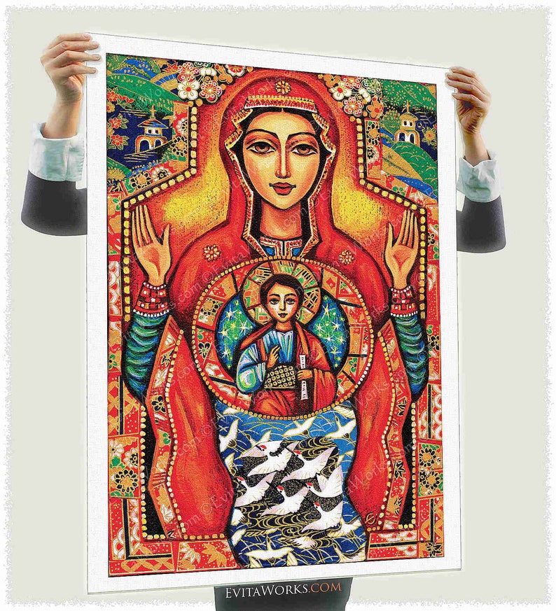 Blessed Mother Mary and Jesus child of God, canvas icon, modern Christian art decor image 5