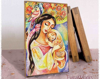 Mother loving child print on natural wooden block, spiritual maternity, modern Christian art decor