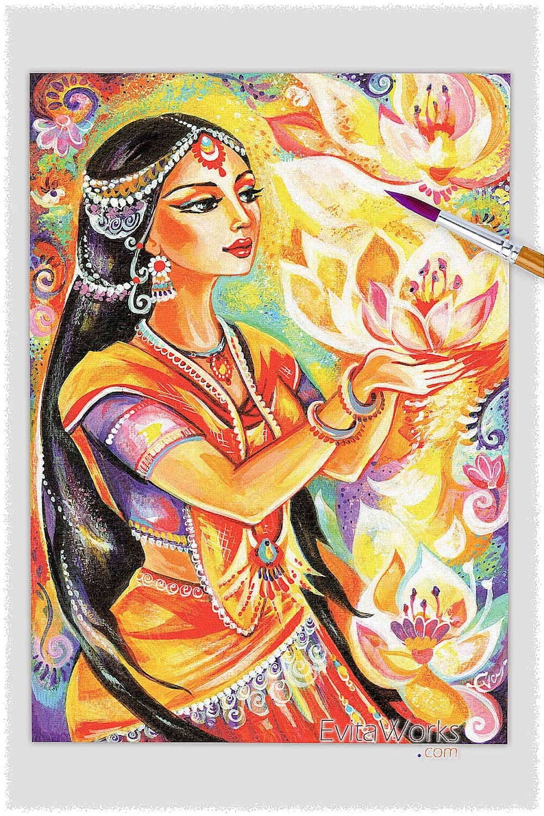 East woman praying artwork, lotus flower mudra, divine feminine image 1