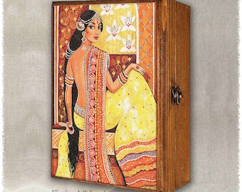 Indian woman in sari print on natural wooden box, Indian goddess art, rosary treasure memories trinket chest