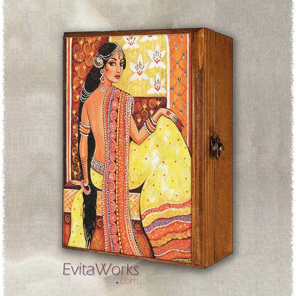 Indian woman in sari print on natural wooden box, Indian goddess art, rosary treasure memories trinket chest