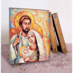 Holy Family, Nativity scene, print on natural wooden block icon, a Savior is Born, Catholic home altar, fathers love, Joseph Mary Jesus image 1