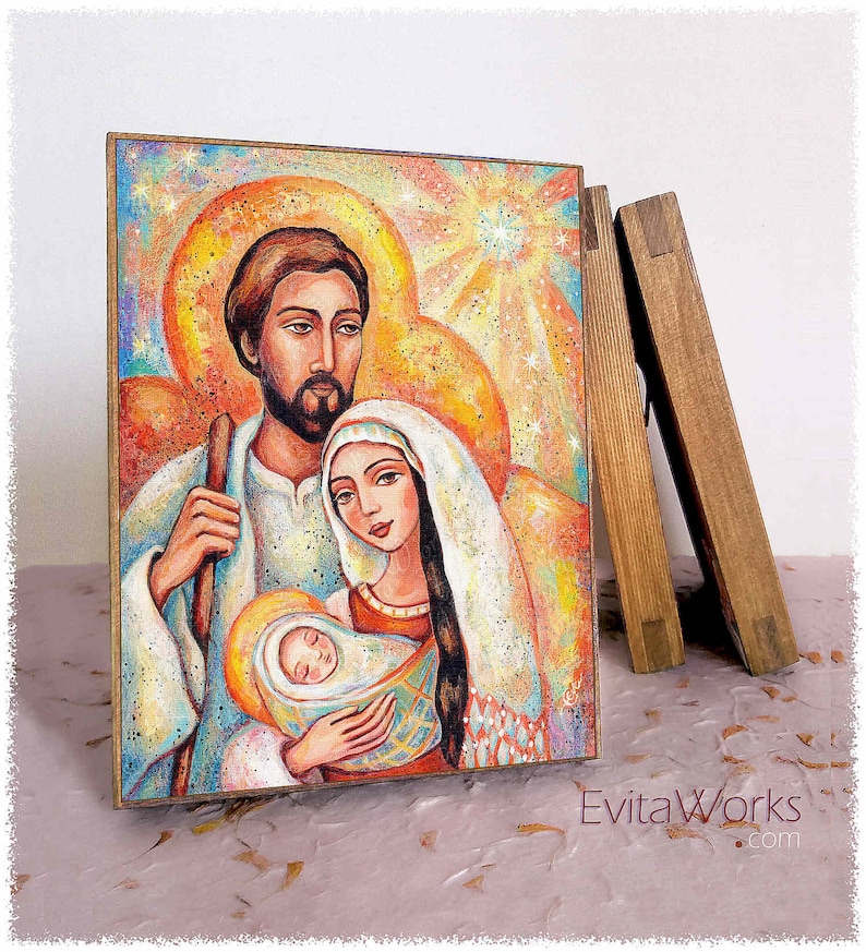 Holy Family, Nativity scene, print on natural wooden block icon, a Savior is Born, Catholic home altar, fathers love, Joseph Mary Jesus image 1