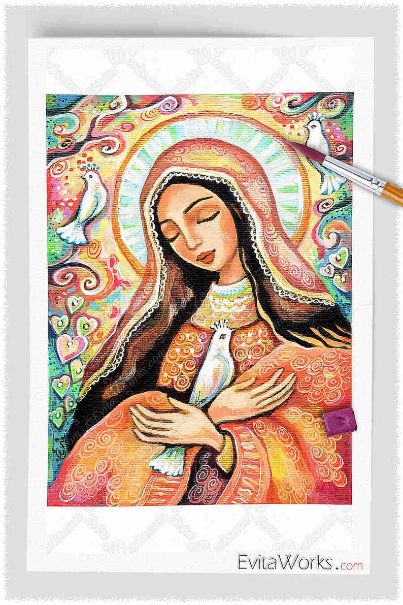 The Prayer of Blessed Mother Mary, print on natural wooden block icon, modern Christian art decor image 2