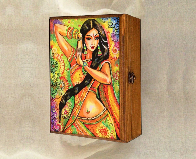 feminine beauty bollywood dance Indian decor beautiful Indian woman painting belly dance keepsake box 7x10 jewelry box