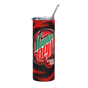 May include: A stainless steel tumbler with a red and black swirling design. The tumbler features the Mountain Dew logo in green and red, with "CODE RED" text. A silver straw is inserted into the lid.