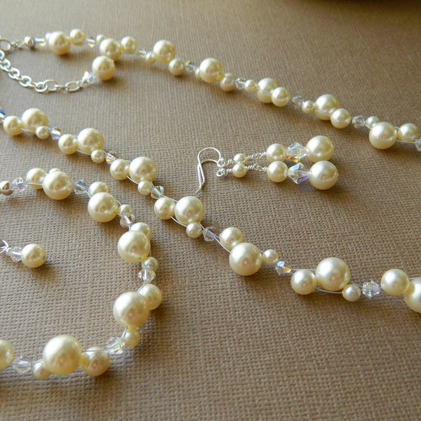 NEW Perle e Cristalli Bridal Set - Swarovski Pearl Necklace with Matching Bracelet and Dangle Earrings