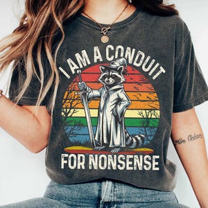 May include: A dark gray t-shirt with a vintage-style graphic of a raccoon wearing a wizard hat and holding a sword. The graphic is set against a rainbow sunset and the text "I am a conduit for nonsense" is printed below the graphic.
