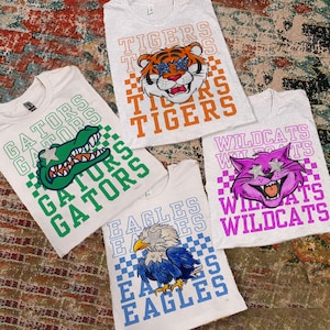 Custom Preppy Mascot School Spirit Shirts, School Mascot Checkerboard Tees, Team Spirit Shirts, Game Day Shirt, Sports Team Mascot Shirt
