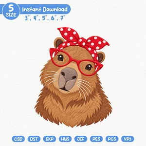 Peut inclure: Un motif de broderie représentant un capybara brun portant des lunettes rouges et un foulard rouge à pois blancs. Le texte indique 5 SIZE, Instant Download, 3", 4", 5", 6", 7", avec les formats CSD, DST, EXP, HUS, JEF, PES, PCS, VP3.