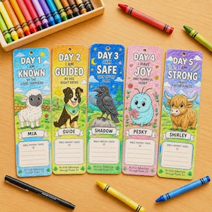 May include: Set of five colorful bookmarks with illustrations of animals and text. Each bookmark features a different animal: a sheep, a dog, a crow, a blue creature, and a cow. The bookmarks have text that reads "Day 1 I am Known", "Day 2 I am Guided", etc.