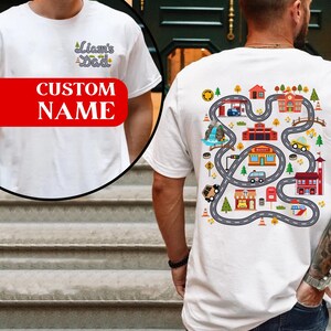 Custom Kid Name Play Car Race on Dad's Double Sided T-Shirt, Personalized Tired Dads Club Family 2 Side Tee Father's Day Birthday Gifts