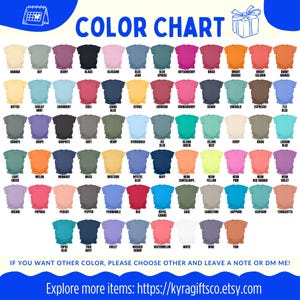 May include: A color chart featuring a variety of t-shirt colors, including shades like black, blue, and pink. The chart displays the color names above each shirt, with text that reads "COLOR CHART" at the top. The image also includes a website address.