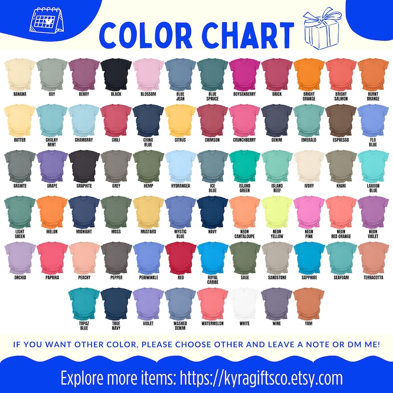 May include: A color chart featuring a variety of t-shirt colors, including shades like black, blue, and pink. The chart displays the color names above each shirt, with text that reads "COLOR CHART" at the top. The image also includes a website address.