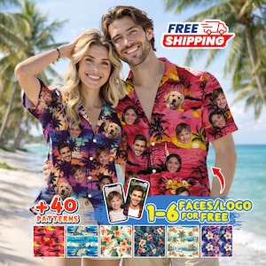 May include: Two people wearing custom Hawaiian shirts with faces printed on them. The shirts have a tropical pattern with palm trees and sunset colors. The image also shows a selection of patterns and the text "+40 PATTERNS" and "1-6 FACES/LOGO FOR FREE".
