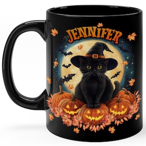 Personalized Black Cat Halloween Mug, Custom Beautiful Halloween Accent Mug, Black Cat Lover Gifts, Pumpkin Mug Gift, Coffee Tea Lovers Gift