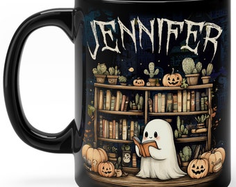 Personalized Halloween Ghost Reading Book, Halloween Book Lover Coffee Cup, Spooky Season Mug, Halloween Library, Bookish Cup Gift