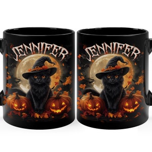 Personalized Black Cat Halloween Mug, Custom Black Cat Witchy Mug, Fall Mug, Coffee Tea Lovers Gift, Black Cat Lover Gifts, Pumpkin Mug Gift
