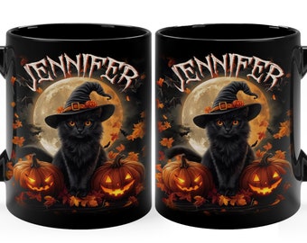 Taza de Halloween con gato negro personalizada, taza de bruja con gato negro personalizada, taza de otoño, regalo para amantes del café y el té, regalos para amantes de los gatos negros, regalo de taza de calabaza