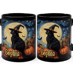 Personalized Black Cat Halloween Mug 11oz 15oz, Custom Black Cat Witchy Mug, Pumpkin Halloween Mug, Black Cat Lover Gifts, Autumn Cat Mug