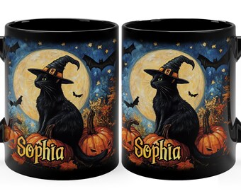 Taza de Halloween con gato negro personalizada de 11 oz y 15 oz, taza de bruja con gato negro personalizada, taza de calabaza para Halloween, regalos para amantes de los gatos negros, taza con gato otoñal