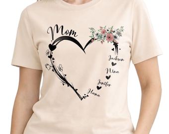 Custom Mom Shirt with Kids Name Nickname, Personalized Mom Heart Shirt, Mothers Day TShirt, Mom Tshirt, Custom Gifts Shirts for Mothers Day