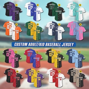 May include: A collection of 16 custom adult/kid baseball jerseys with different color combinations. Each jersey has a split design with two different colors, featuring a number "00" and the text "YOUR NAME" and "TEAM NAME 00".