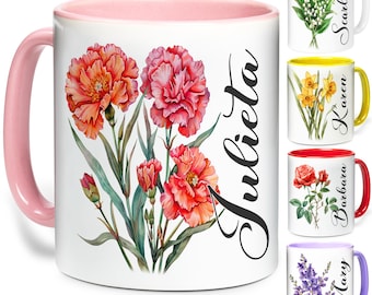 Custom Birth Flower Mug with Name Nickname 11Oz 15Oz Multi Colors, Custom Flower Mug with Text for Mom Grandma Women, Mother's day Gift