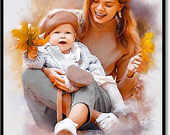 Custom Mom Portrait Poster Canvas Prints with Your Photos, Personalized Watercolor Picture Frame Gifts for Wife, Mother&#39;s Day Gift