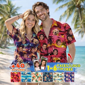 May include: Two people wearing custom Hawaiian shirts with faces printed on them. The shirts feature a tropical sunset design with palm trees and faces. The shirts are button-down and short-sleeved. The image also shows a selection of patterns and the text "+40 PATTERNS" and "1-6 FACES/LOGO FOR FREE".