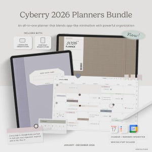 May include: The image showcases a "Cyberry 2026 Planners Bundle" with a digital planner, calendar, and tracker. The planner includes landscape and portrait orientations. The text on the image says "Every page is thoughtfully crafted to help you stay organized, inspired, and in the flow."