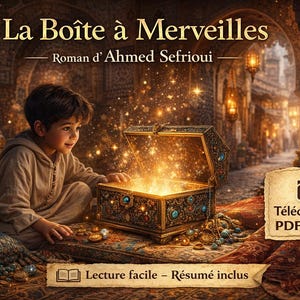 Puede incluir: Un niño mira un cofre del tesoro brillante en una portada de libro. El cofre está abierto, emitiendo luz brillante y destellos. El título "La Boîte à Merveilles" está en la parte superior, con texto que indica una descarga PDF.