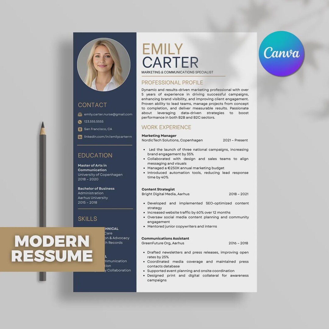 Modern Resume Template – 2-page Professional CV With Photo (canva PDF ...
