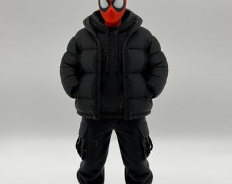 Urban Streetwear Spiderman-inspirerad figur – 3D-tryckt huvtröja och vadderad jacka, superhjältesamlare, anpassad skrivbordsleksak, present