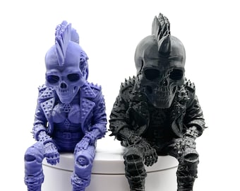 Punk skalle hyllsitterfigur - 3D-tryckt gotisk skelettdekor - Mohawk-skalle samlarobjekt - Alternativ skrivbordskompis - Spöklik present