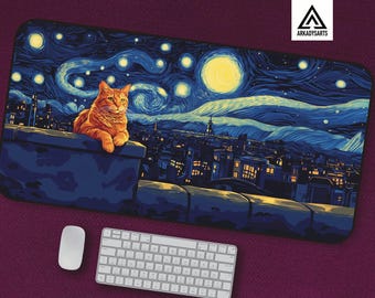 Starry Night Cat Mousepad - Van Gogh-Inspired Desk Mat, Artistic Office Accessories - Home Decor, Orange Tabby Cat Desk Pad, Mouse Mat