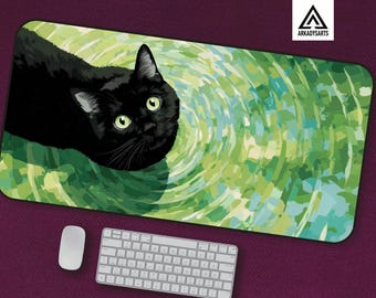 Black Cat Mousepad - Green Water Ripple Art Desk Mat