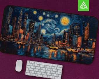 Starry Night New York Mouse Pad - Artistic Desk Mat - Van Gogh Fusion with NYC Skyline