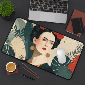 Frida Kahlo inspired mousepad - Frida Kahlo desk mat - artistic desk mat with vibrant colors and Mexican style Black Edge: 12"x22"