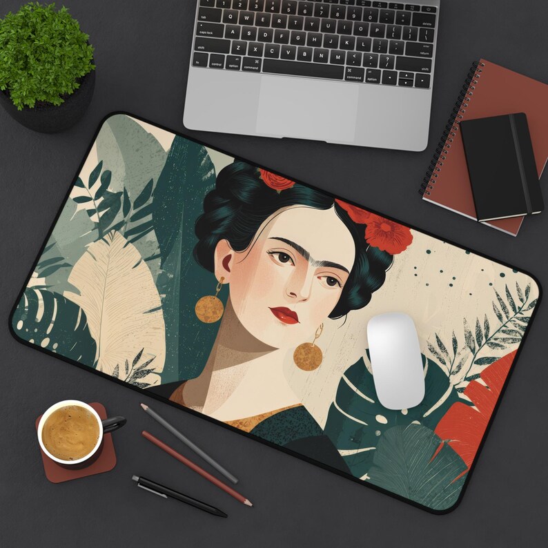 Frida Kahlo inspired mousepad - Frida Kahlo desk mat - artistic desk mat with vibrant colors and Mexican style Black Edge: 12"x22"