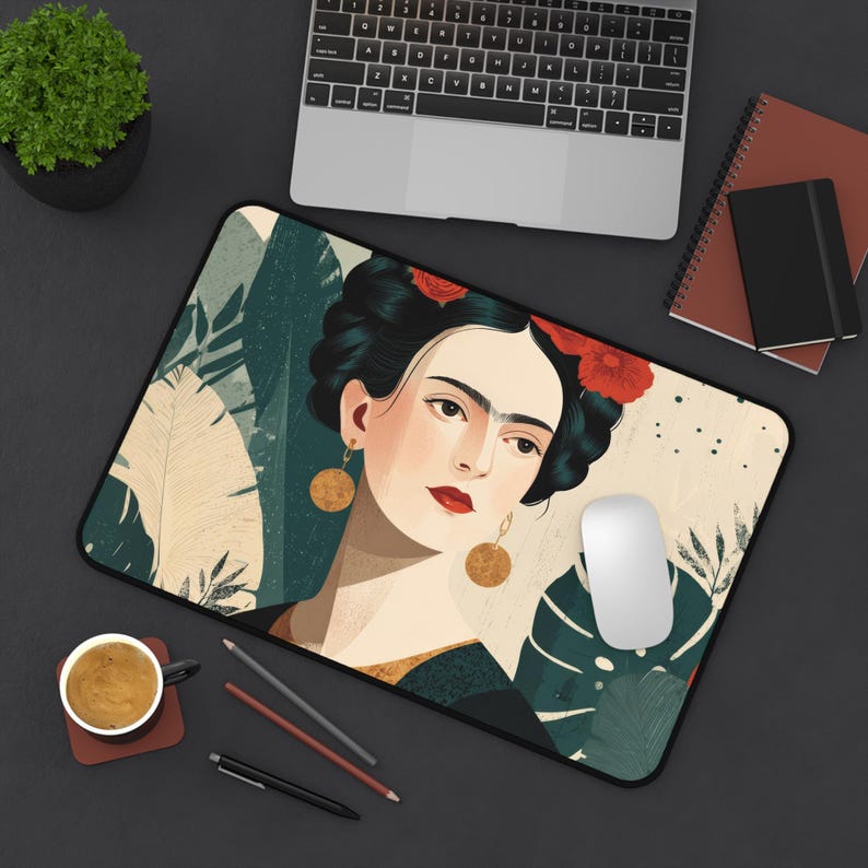 Frida Kahlo inspired mousepad - Frida Kahlo desk mat - artistic desk mat with vibrant colors and Mexican style Black Edge: 12"x18"
