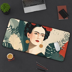 Frida Kahlo inspired mousepad - Frida Kahlo desk mat - artistic desk mat with vibrant colors and Mexican style Black Edge: 31x15.5"