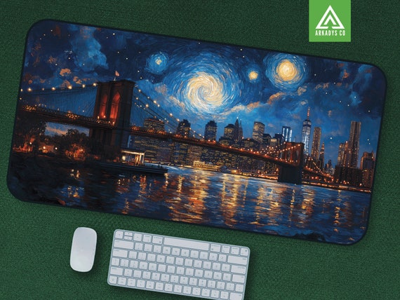 Starry Night Brooklyn Bridge Mouse Pad - Van Gogh Inspired Desk Mat - Artistic New York Skyline