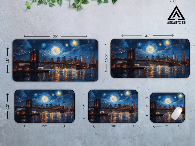 K&ouml;nnte beinhalten: Ein Set aus vier Mauspads mit einer sternenklaren Nachtszene mit der Brooklyn Bridge. Das gr&ouml;&szlig;te Mauspad ist 36 Zoll mal 18 Zoll gro&szlig;, das n&auml;chstgr&ouml;&szlig;te ist 31 Zoll mal 15,5 Zoll gro&szlig;, und die beiden kleinsten sind 22 Zoll mal 12 Zoll und 18 Zoll mal 12 Zoll gro&szlig;. Das kleinste Mauspad ist 9 Zoll mal 8 Zoll gro&szlig;.