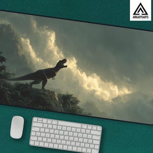 T-Rex dinosaur mousepad - prehistoric jungle desk mat with epic Tyrannosaurus design