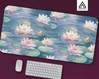 Water Lily Desk Mat - Elegant Lotus Mouse Pad - Monet-Inspired Large Office & Gaming Mat