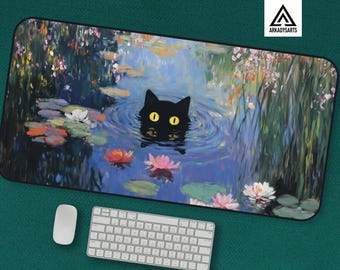 Artistic Cat Mousepad - Black Cat in Monet-Inspired Water Lilies - Whimsical Desk Mat for Art and Cat Lovers