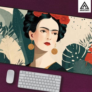 May include: A rectangular mousepad featuring a stylized portrait of a woman with dark hair adorned with red flowers and gold earrings. The background includes tropical foliage in shades of green, beige, and red. A white keyboard and mouse are below.